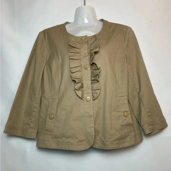 Talbots Khaki Jacket Blazer Tan Ruffle Trim 3 Button 3/4 Sleeve Size 10 - Picture 1 of 7